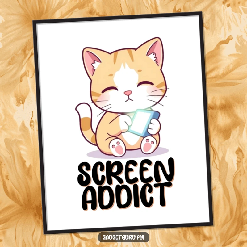 Funny digital art print of a curious cat reaching a paw towards a small, glowing screen, full of wonder.