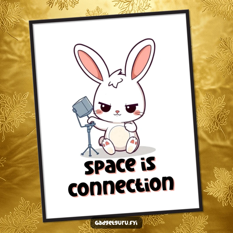 Funny rabbit digital art print of a determined cartoon rabbit adjusting a miniature satellite dish, offering instant humorous tech decor.