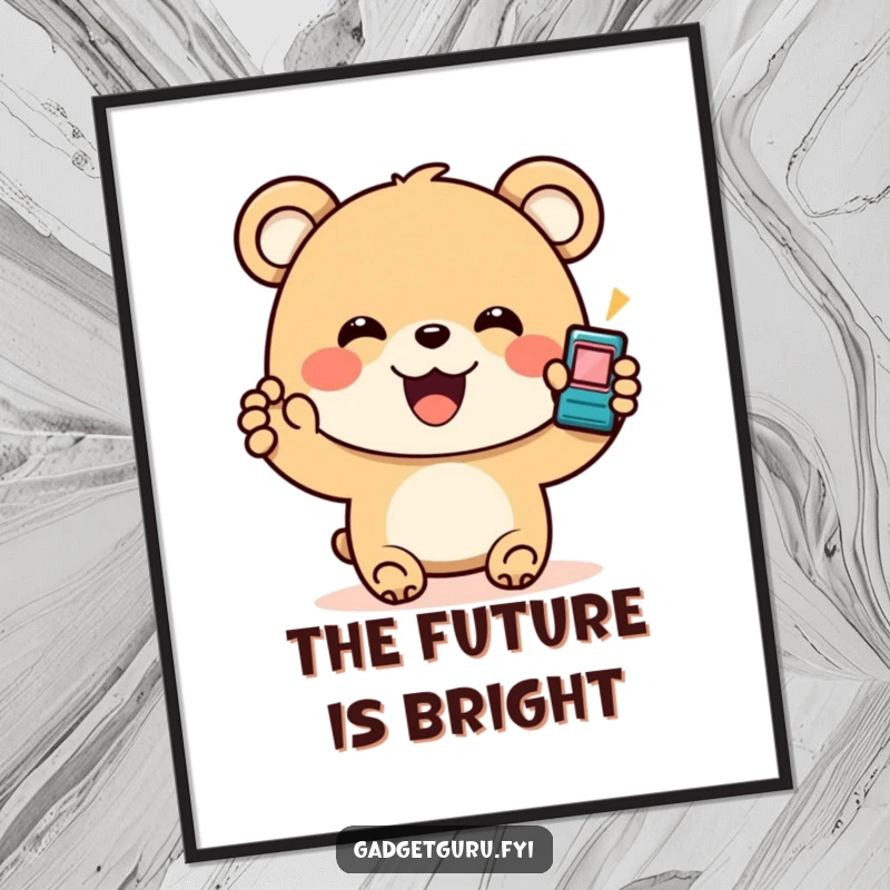 Funny Bear Gadget Digital Art Print: High-resolution printable art of a smiling bear enthusiastically holding a flashing gadget, ideal for tech decor.