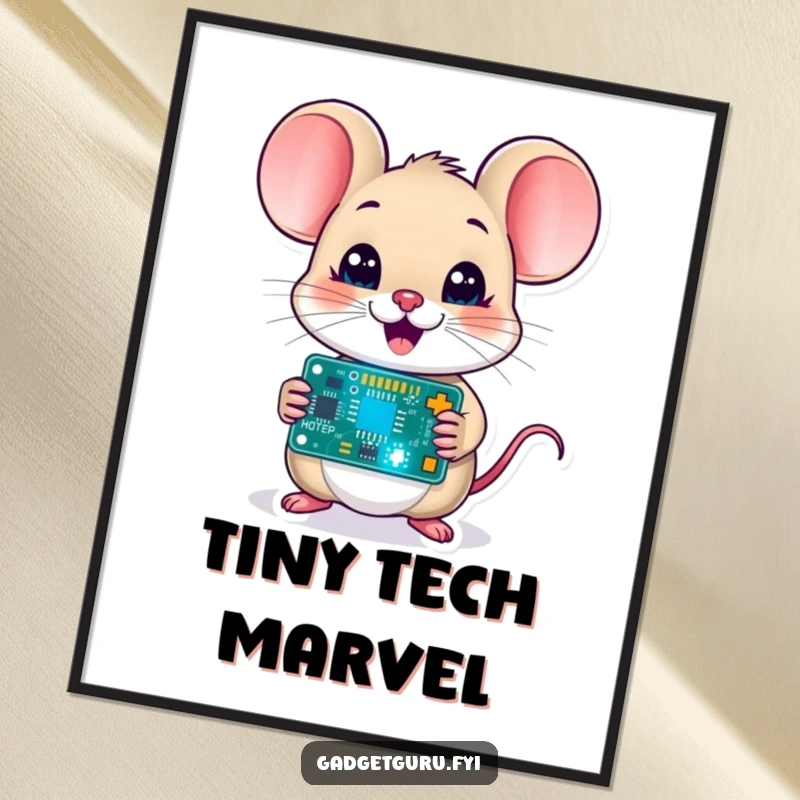 Funny mouse character holding a tiny blinking circuit board, high-resolution digital art print for nerdy, tech-themed wall decor.
