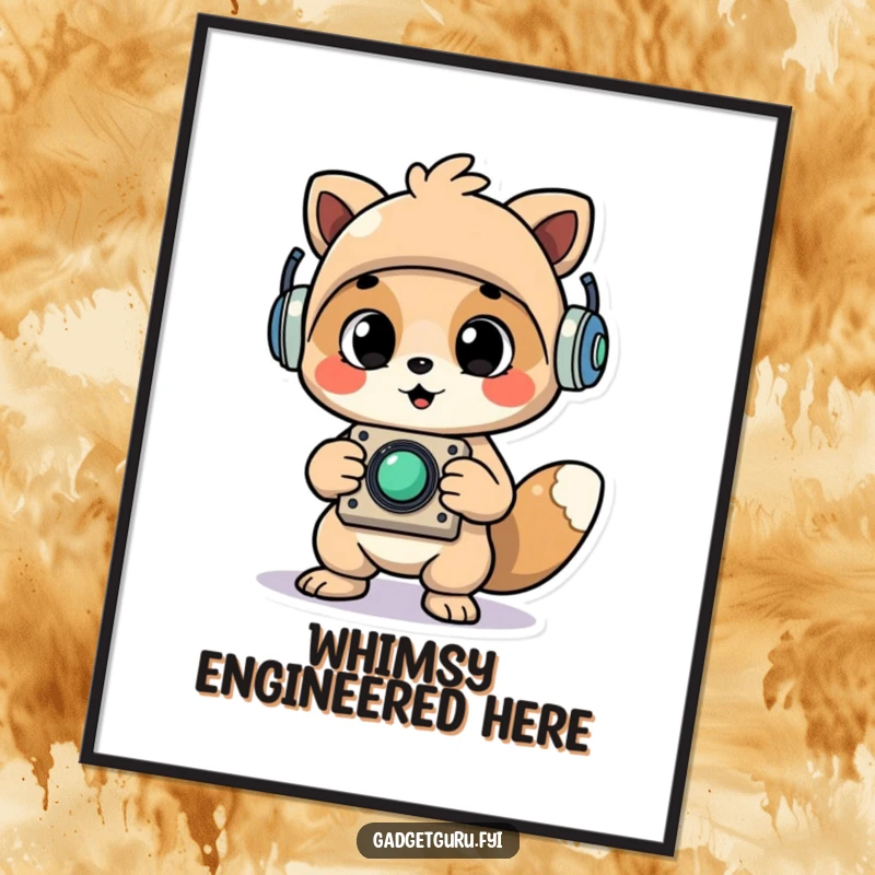 Funny Cheerful Animal Character Proudly Holding Up a Newly Assembled Whimsical Gadget Digital Art, Creative and Humorous Design.