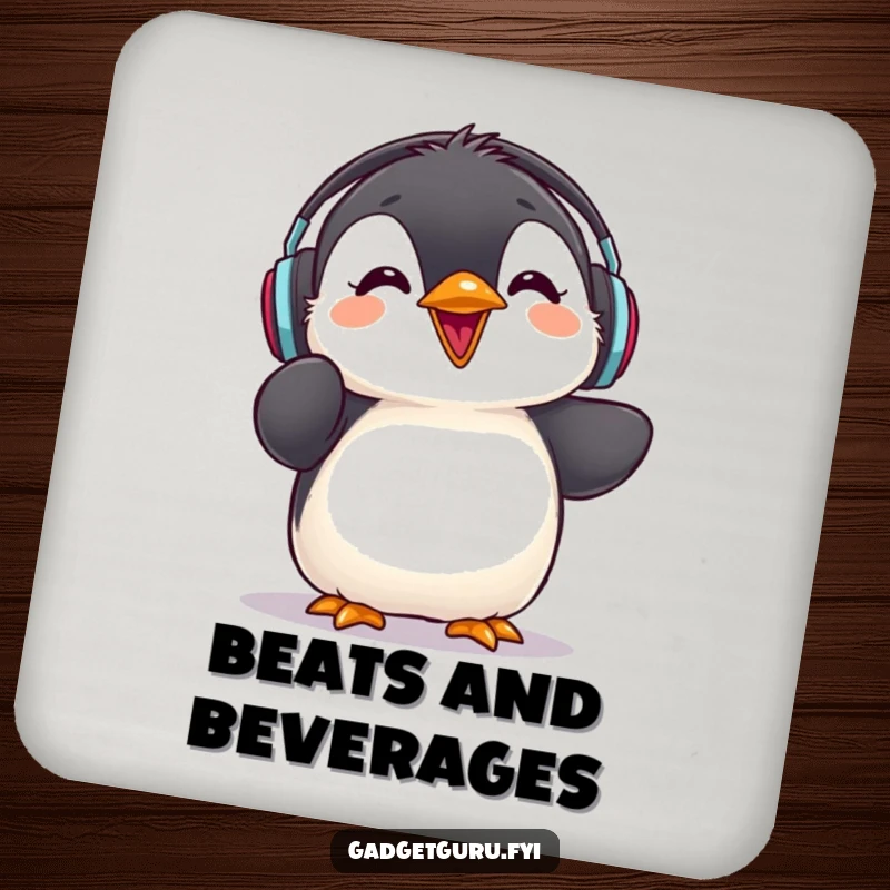 Funny penguin chick drink coasters, wearing headphones and giving a rave review, perfect for music-themed tables.