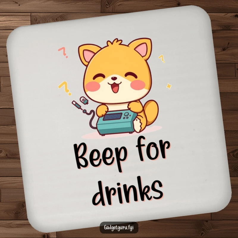 Funny drink coaster featuring a happy animal character beeping while programming a small device, adding cheerful tech humor to surfaces.