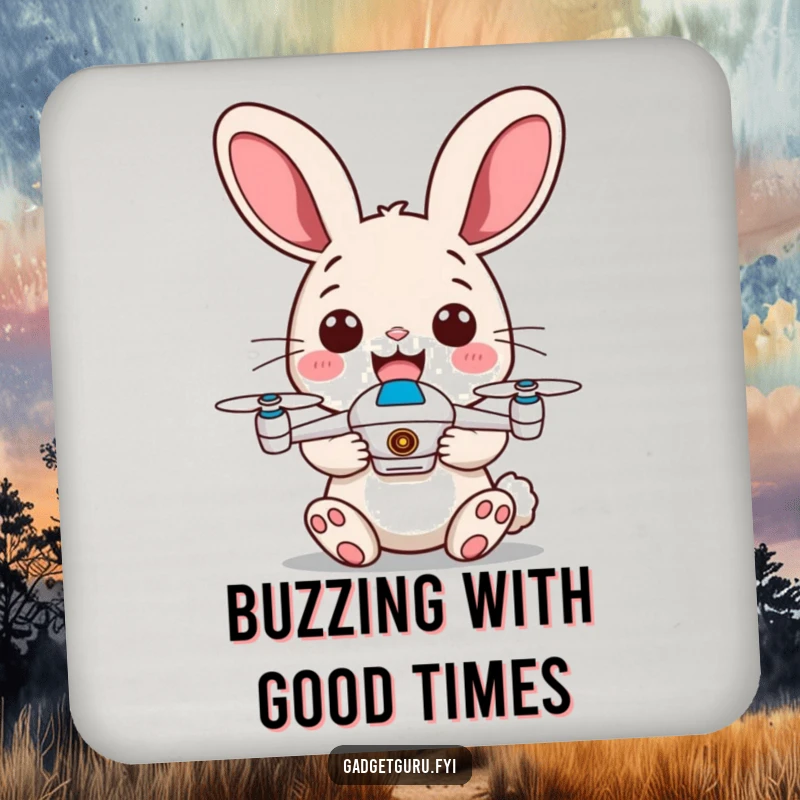 Funny drink coaster with a cheerful rabbit holding a tiny drone, adding humor to any table setting.