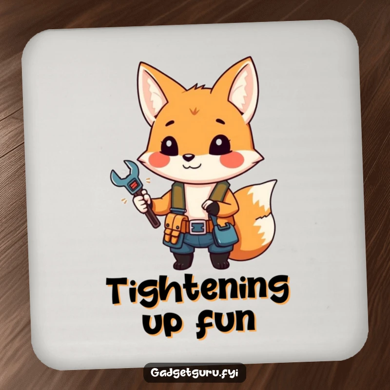 Funny drink coaster with a small fox character in a tool belt holding a miniature wrench.