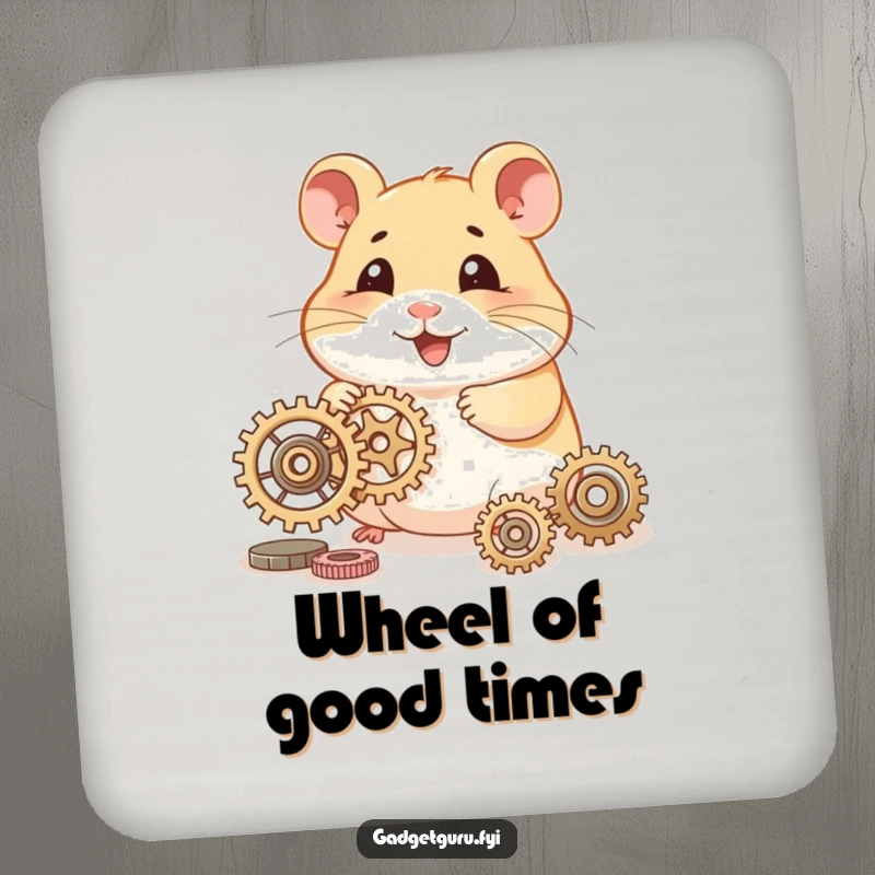 Funny hamster coaster set with a smiling character tinkering with tiny gears, offering stylish protection for surfaces.