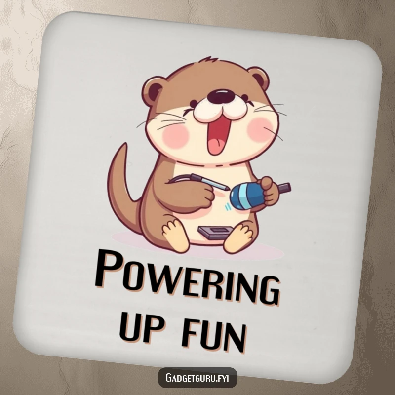 Funny Drink Coaster featuring an excited otter with a tiny soldering iron, working on a gadget.