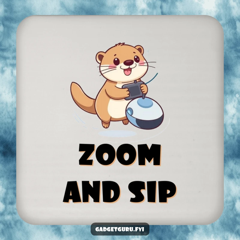 Funny drink coaster showing a playful otter zooming with a remote-controlled toy, adding fun and protection to any table.