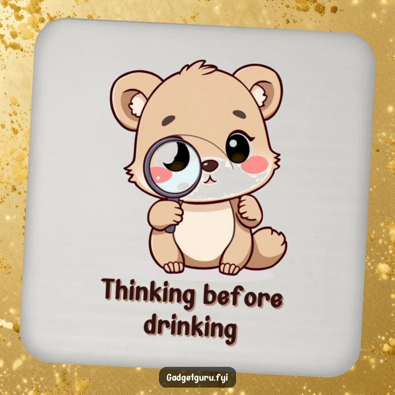 Funny drink coaster with an animal character examining a complex diagram with a magnifying glass, a humorous and practical home accessory.