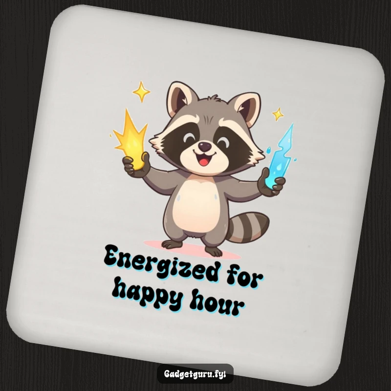 Funny Raccoon Coaster: A happy raccoon juggles glowing power sources, safeguarding surfaces with playful energy.