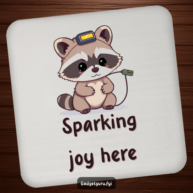 Funny drink coaster with a tiny raccoon character wearing a headlamp, focused on a small wire.