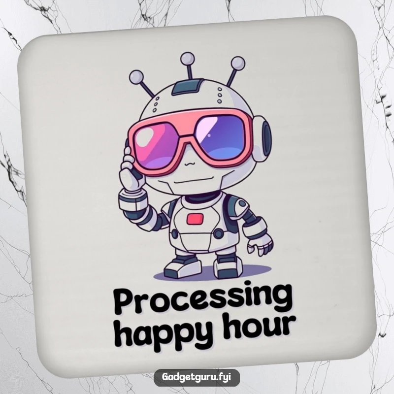 Funny robot coaster set with a cute character adjusting oversized futuristic glasses, offering stylish protection for tables.