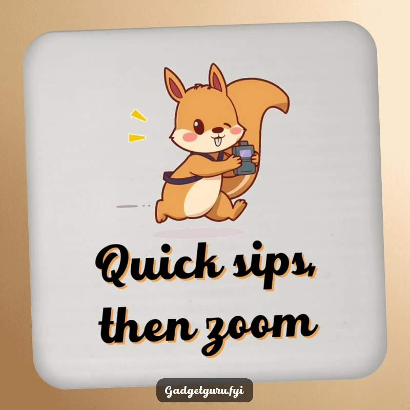 Funny coaster features a fast-moving squirrel character carrying a small, flashing gadget, adding high-tech humor to drink protection.