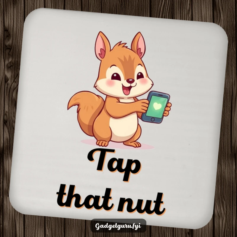 Funny drink coaster depicting a cute squirrel character excitedly holding a glowing smartphone, a humorous way to protect surfaces.