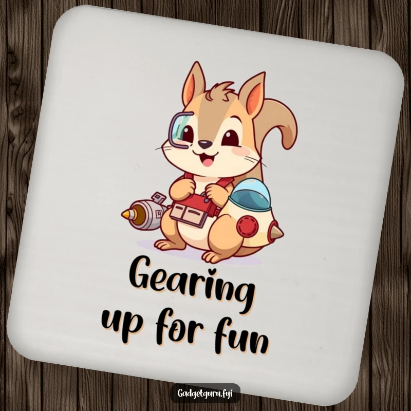 Funny drink coaster featuring a playful squirrel with a tool belt, tinkering with a small spaceship, protecting surfaces with creative charm.