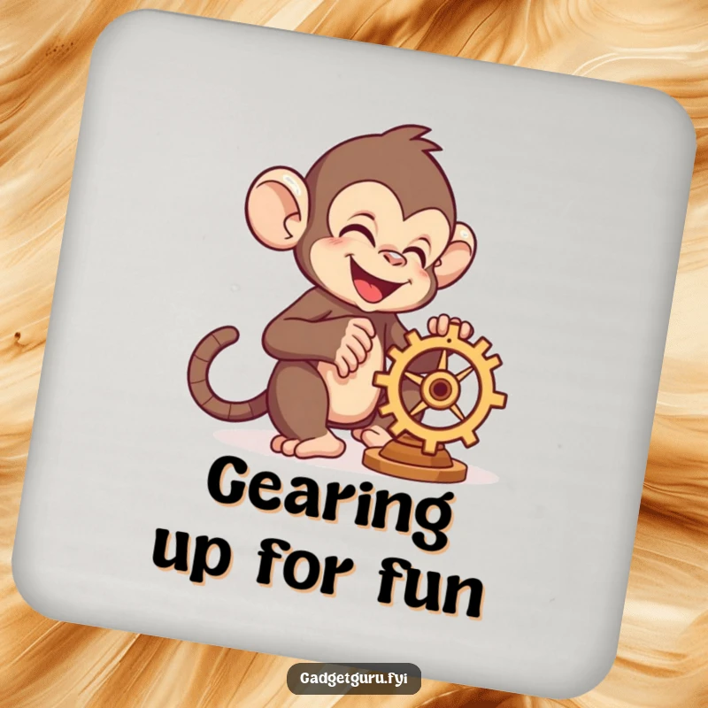 Funny monkey character working on a miniature whirring gear, adding a humorous touch to a drink coaster.
