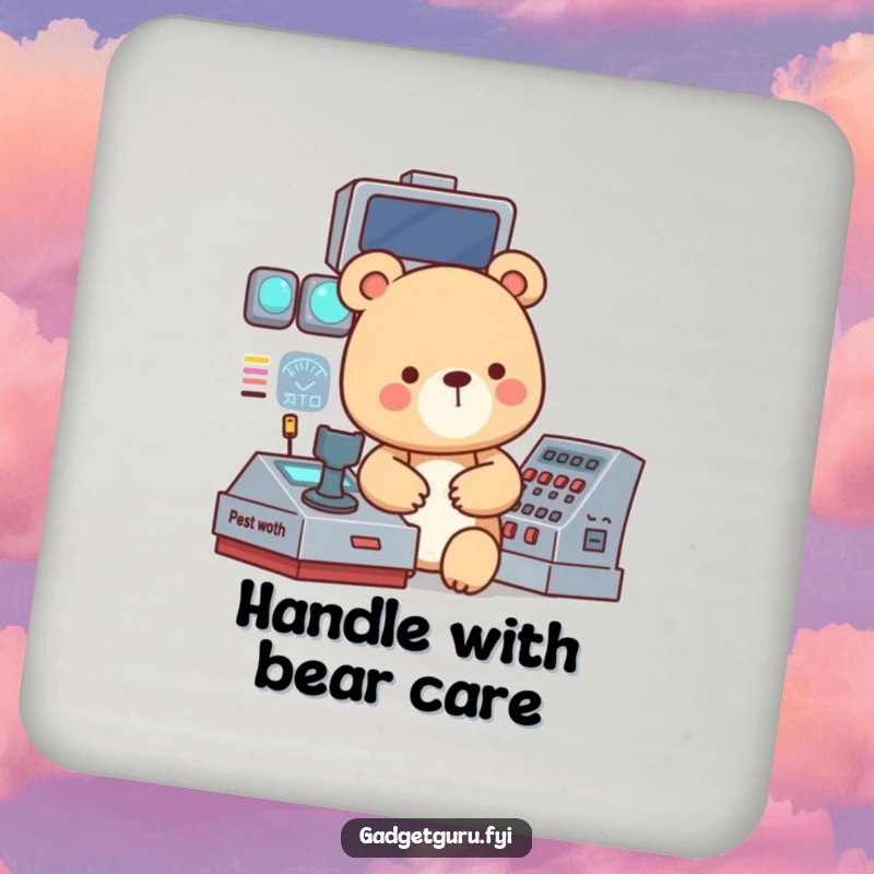 Funny coaster featuring a small, focused bear character operating a complex, blinking control panel, adding a touch of tech decor.