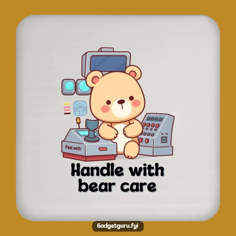 Funny Bear Tech Coaster: Focused Bear On Panel, Protects Surfaces Funny Gift!