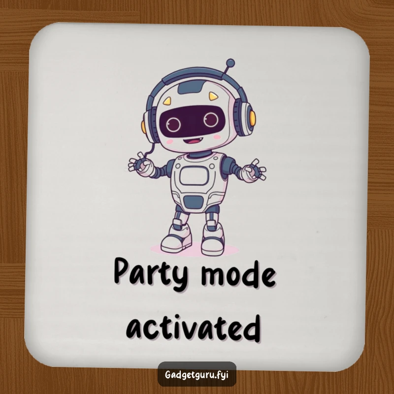 Funny drink coaster featuring a happy robot wearing tiny headphones and dancing, with glowing wires, protecting surfaces with electronic flair.