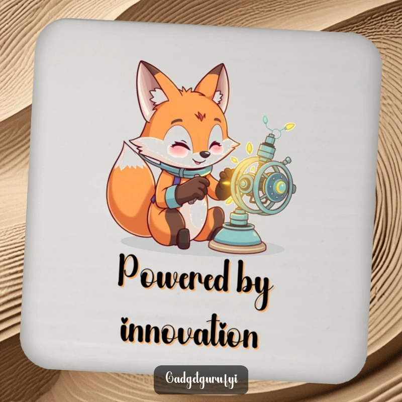 Funny coaster featuring a focused fox character building a luminous, intricate contraption, adding smart humor to drink protection.