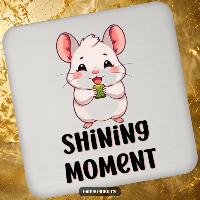 Funny chinchilla coaster with a beaming character holding a small, blinking light, adding cheerful protection to surfaces.