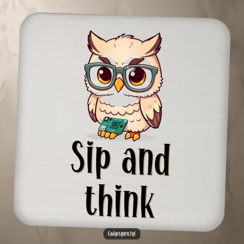 Funny cute owl character wearing oversized glasses, examining a tiny circuit board, a humorous drink coaster.
