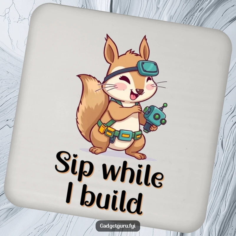 Funny Squirrel Mechanic Coaster: A humorous coaster featuring a squirrel with a tool belt working on a tiny robot, protecting surfaces with tools.