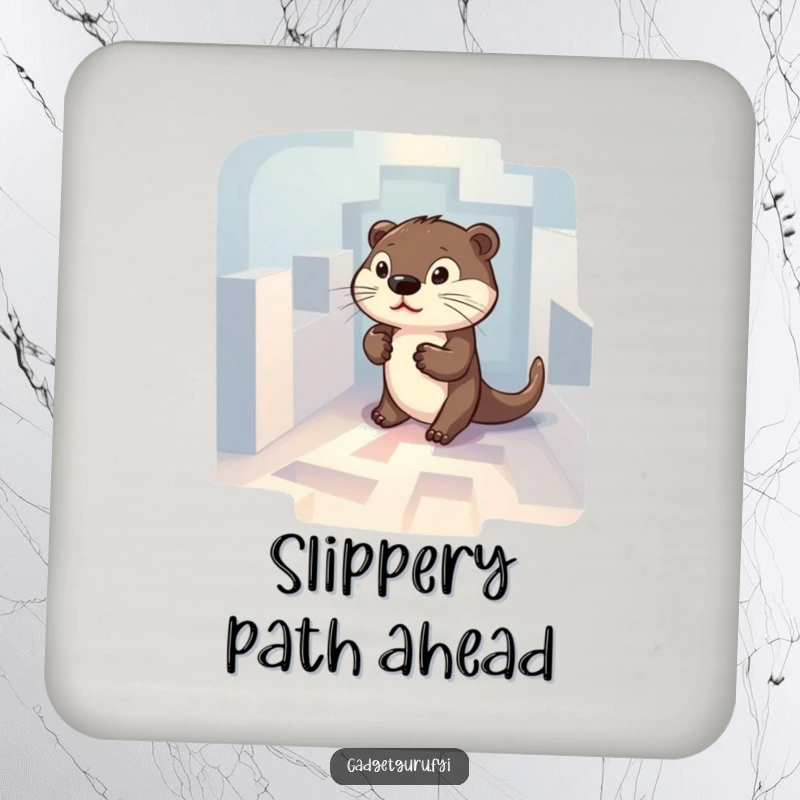 Funny drink coaster displaying a determined otter character navigating a tiny, illuminated maze.