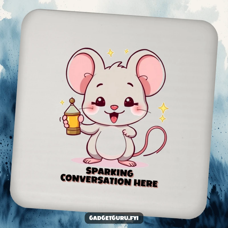 Funny Mouse Coaster: A proud mouse holds a miniature, sparking invention, safeguarding surfaces with innovative charm.