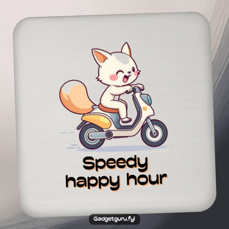 Funny drink coaster featuring an energetic animal character zooming on a miniature futuristic scooter, adding speedy humor to surfaces.
