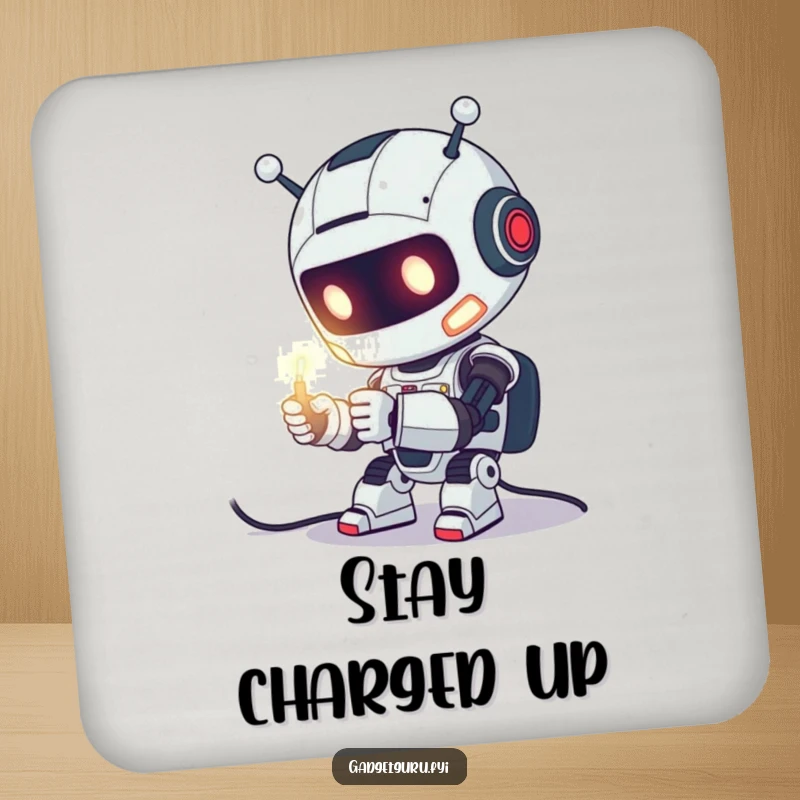 Funny Drink Coaster featuring a cute robot character enthusiastically tinkering with a glowing wire, protecting surfaces with tech flair.