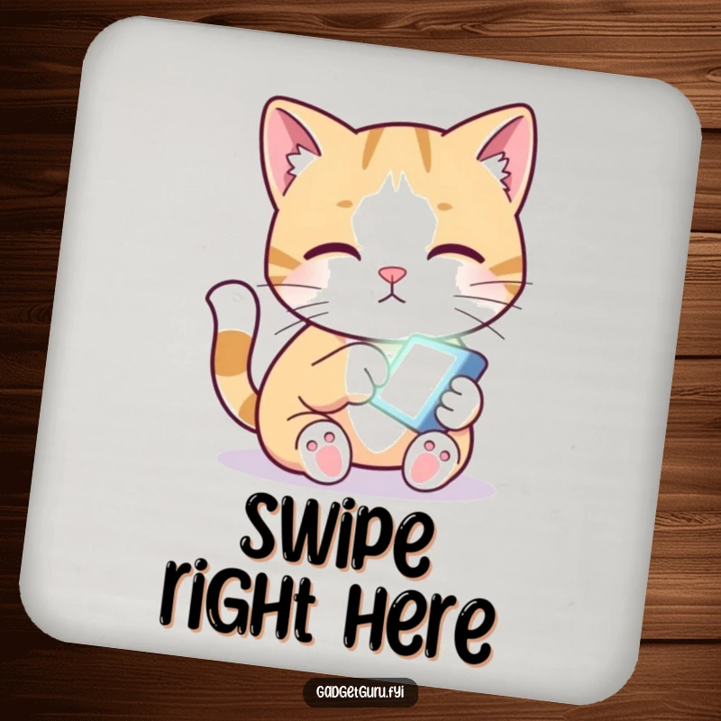 Funny drink coaster with a curious cat character pawing at a tiny glowing screen, adding humor.