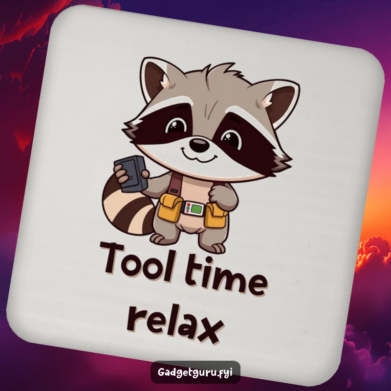 Funny Raccoon Tool Coaster: A protective coaster featuring a smiling raccoon character with a tool belt, ideal for drinks.
