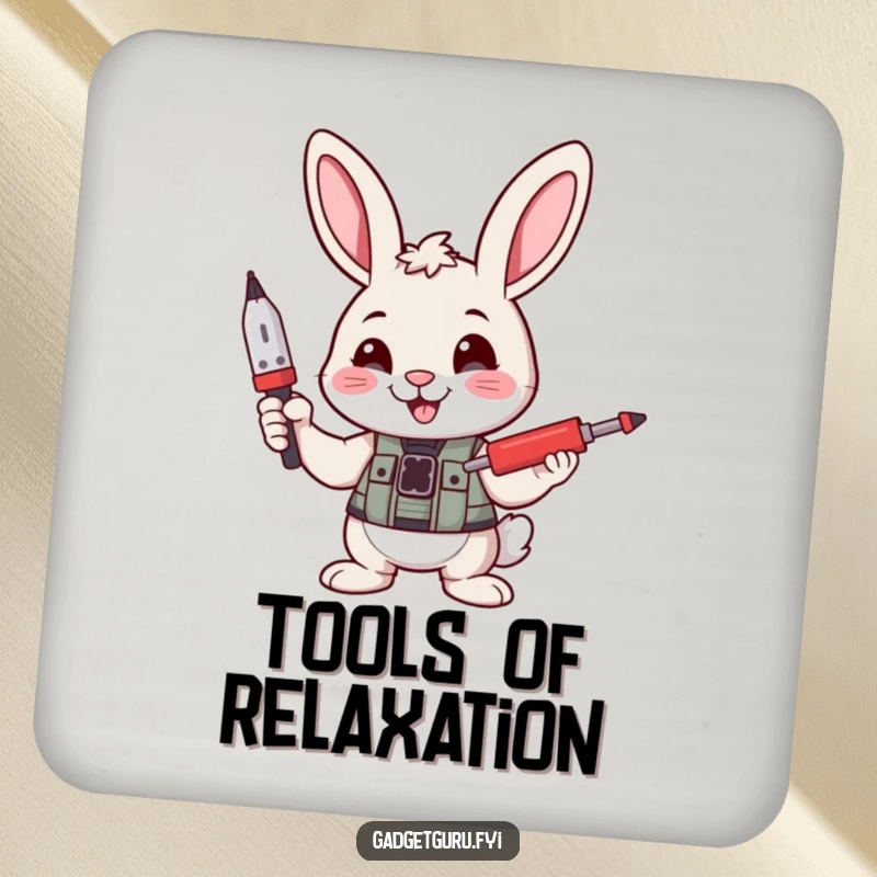 Funny coaster features a confident bunny character holding a tiny screwdriver, adding a touch of DIY charm and humor to drink protection.