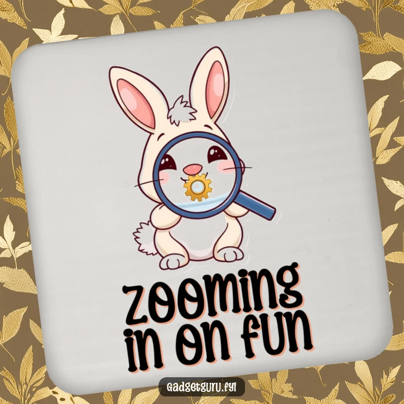 Funny coaster featuring a bunny with a magnifying glass examining a tiny gear, perfect for adding humor to tabletops.