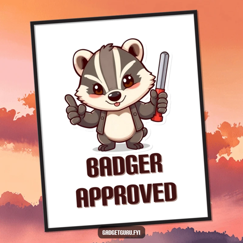 Funny poster featuring a determined badger giving a confident thumbs-up with a tool, symbolizing hard work and achievement.