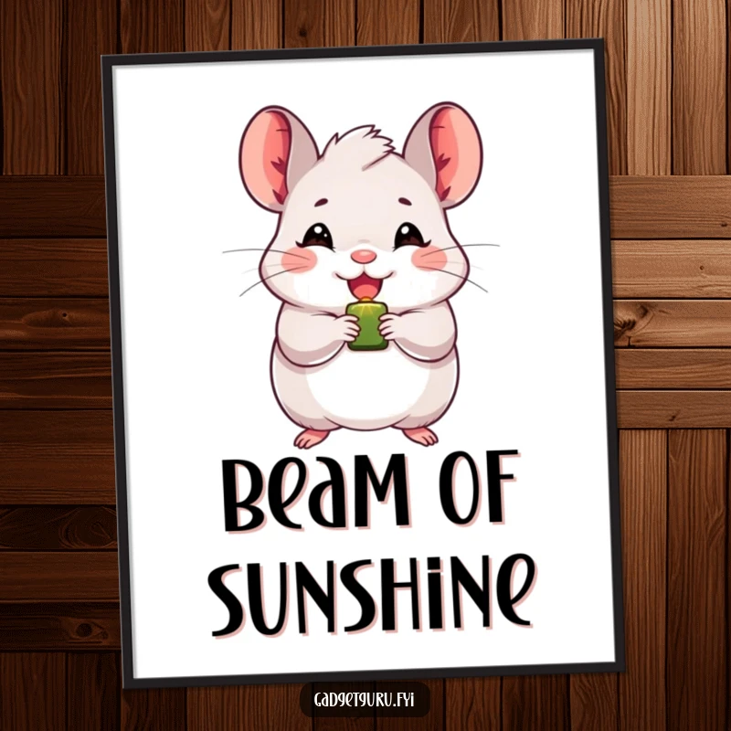 Funny chinchilla poster print featuring a joyful character holding a blinking light, perfect for adding a cheerful and humorous touch.
