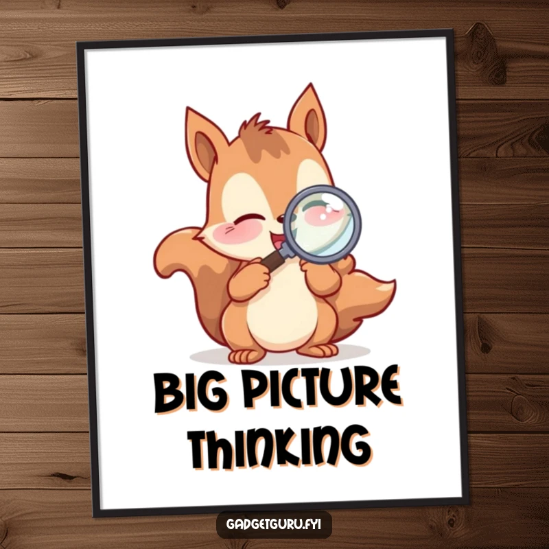 Funny Poster of a playful squirrel character excitedly examining with a magnifying glass, bringing nature's details to any room.