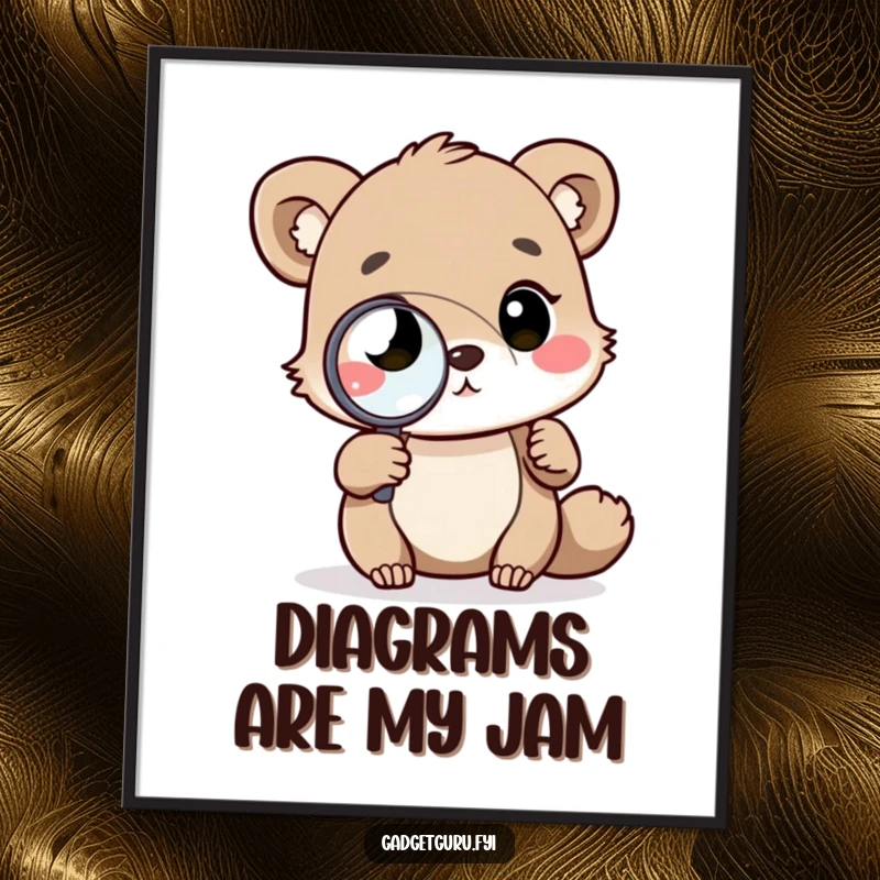 Funny poster art of an animal with a magnifying glass intently studying a complex diagram, perfect for a humorous and inspiring space.