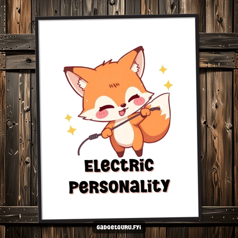 Funny poster print of a mischievous fox character playfully zapping a wire, creating sparks and embodying a humorous, energetic scene.