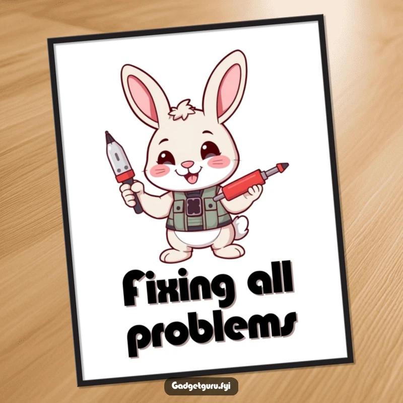 Funny poster art of a smiling bunny character confidently displaying a tiny screwdriver, encouraging DIY spirit and cheerful repairs.