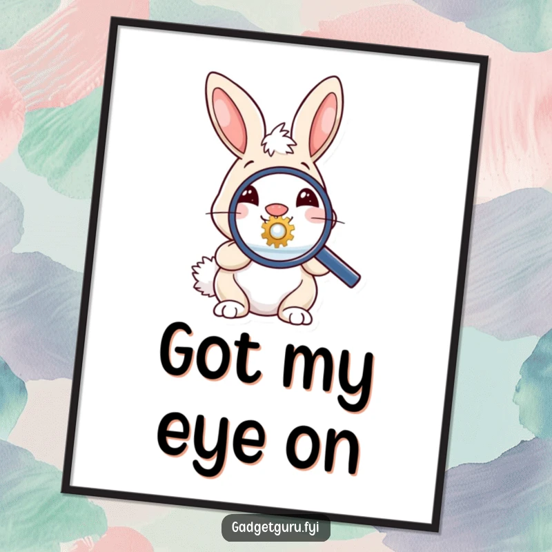 Funny art print of a cheerful bunny using a magnifying glass to examine a tiny gear, adding a touch of whimsical curiosity.