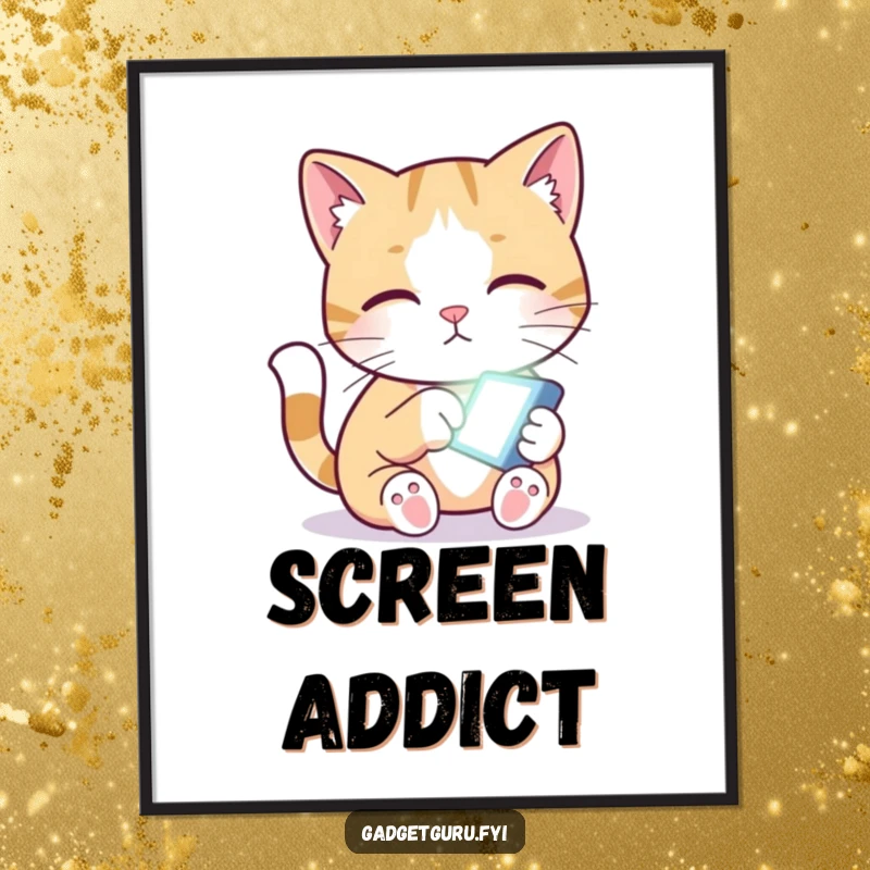 Funny poster of a curious cat character intently pawing at a small, glowing screen, full of wonder.