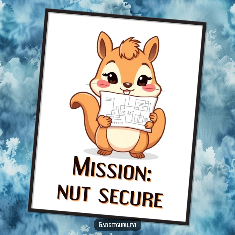 Funny cheerful squirrel character holding a tiny blueprint with a determined expression, a motivational and funny poster for walls.