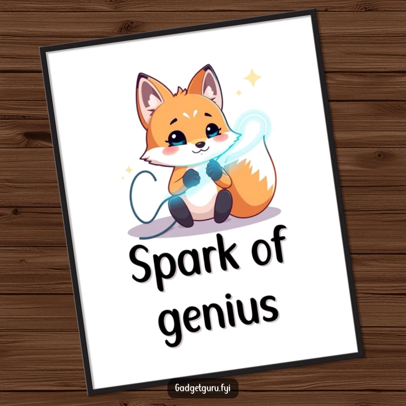 Funny fox poster print of a playful character experimenting with bright, glowing wires, symbolizing ingenuity and excitement.