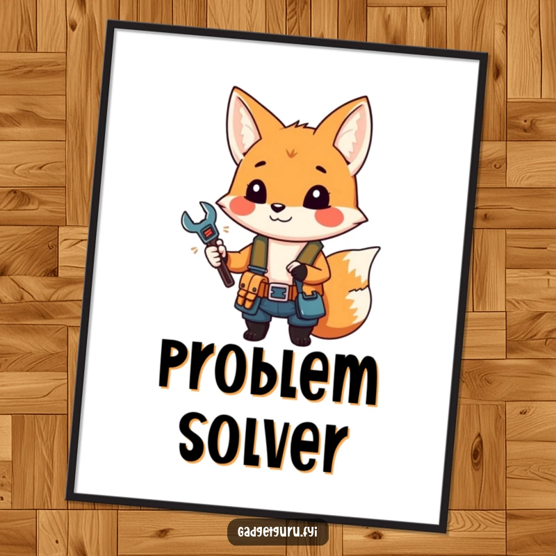 Funny poster of a small fox character in a tool belt, holding a miniature wrench, looking ready to build.