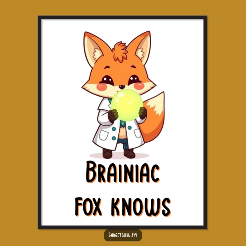 Funny Fox Scientist Poster: Cheerful Lab Coat Fox With Orb, Inspiring Funny Gift!