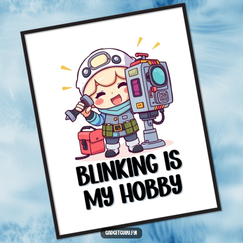 Funny poster depicting a cheerful gadget tinkerer character using a toolkit to fix a blinking light on a complex machine.