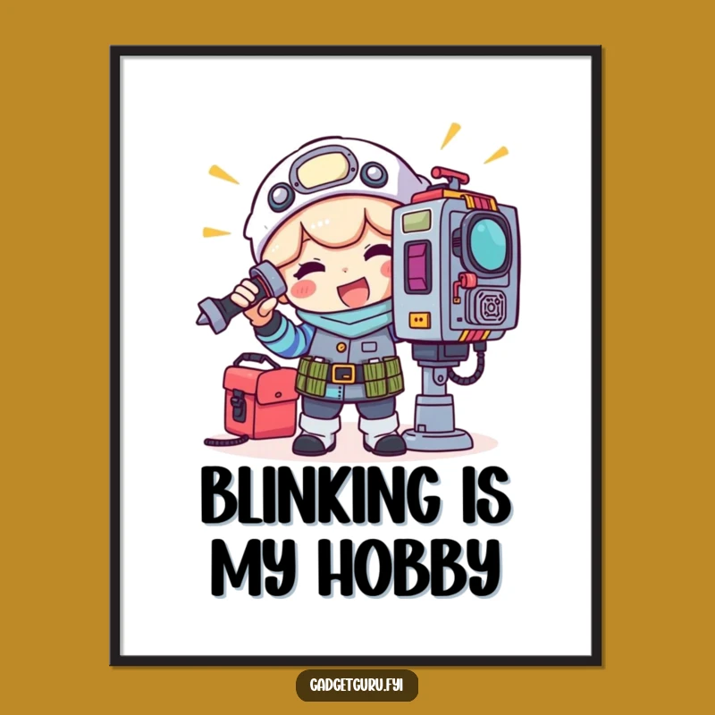 Funny Gadget Tinkerer Poster: Hilarious Toolkit Character Adjusting Blinking Light, Quirky Decor