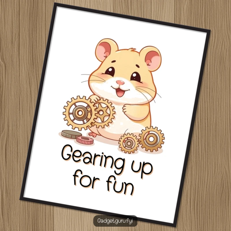 Funny hamster poster print of a smiling character enthusiastically working with tiny gears, representing invention and focus.